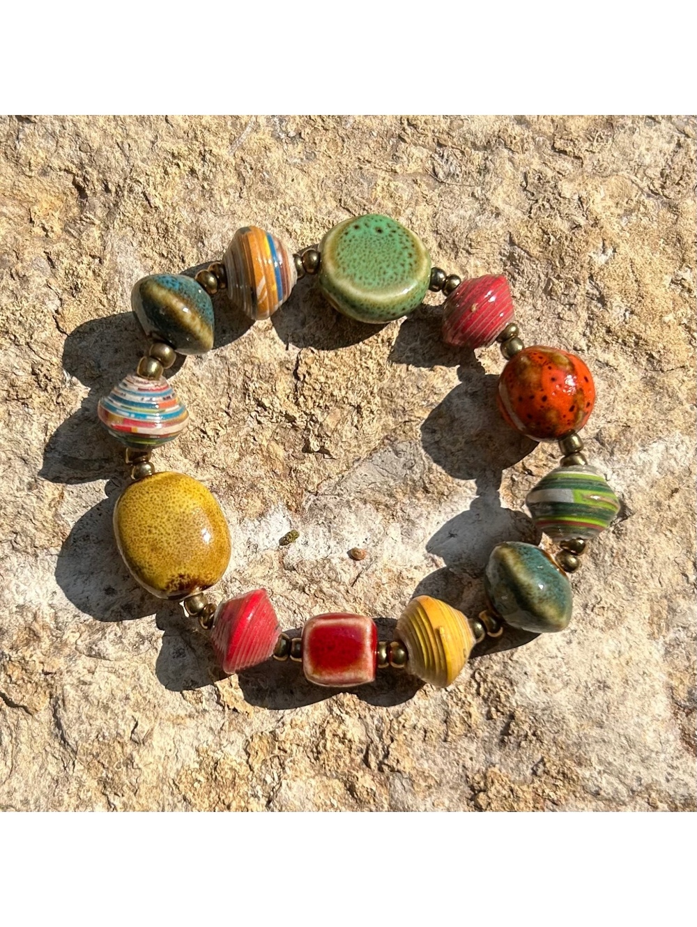 Artisan Handmade - Multicolor Paper and Ceramic Beaded Stretch Bracelet - 7”